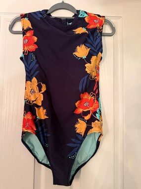 Source Unknown Navy One-Piece Swimsuit with Orange & Red Floral Print